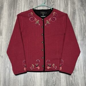 Icelandic Design Embroidered Cardigan Sweater Size XL Red Wool Velvet Trim